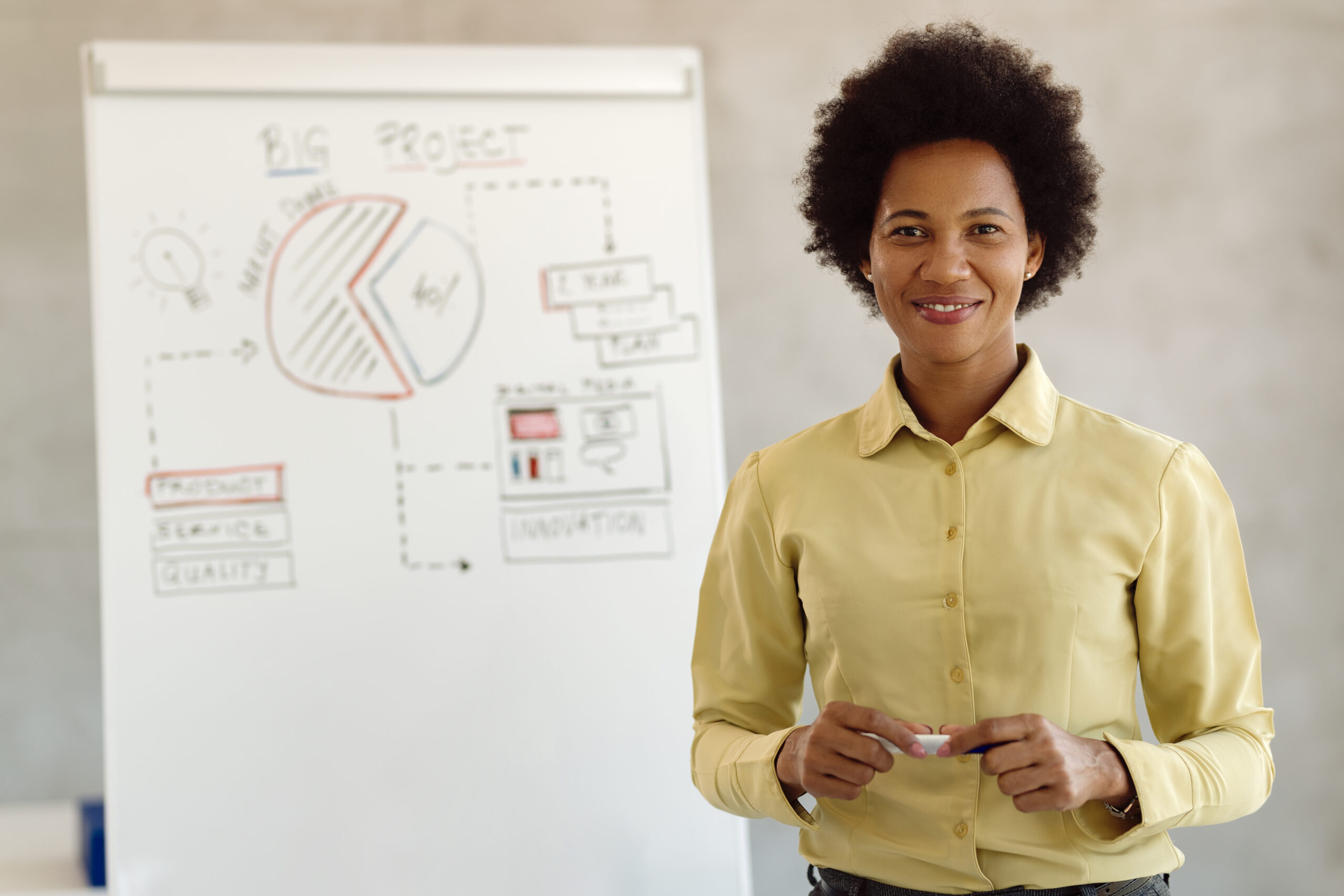 Happy African American female business leader giving a presentation and looking at camera.